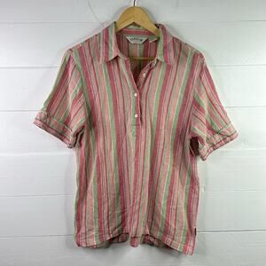 ORVIS Pink Green Striped Short Sleeve Cotton 1/4 Button Up Shirt Top Size 14